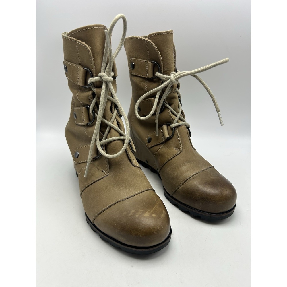 Sorel Boot Womens 8 Joan of Arctic Wedge Mid Tan Beige Leather Distressed Read